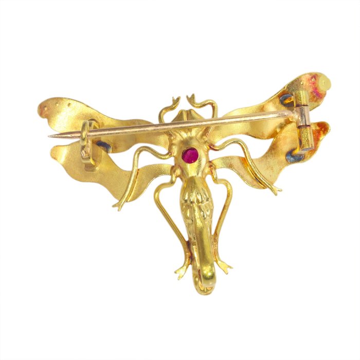 Broche - 18 kraat Gulguld -  0.26ct. tw. Rubin - Perle - Dragonfly Victorian, 1880