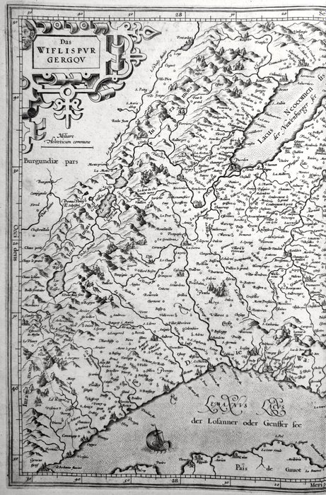 Europa - Kort / Schweiz / Italien / Frankrig / Genève / Bern / Lausanne / Neuchâtel / Montreux / Fribourg /; Gerardus Mercator / Jodocus Hondius - Das Wiflispurgergow - 1581-1600