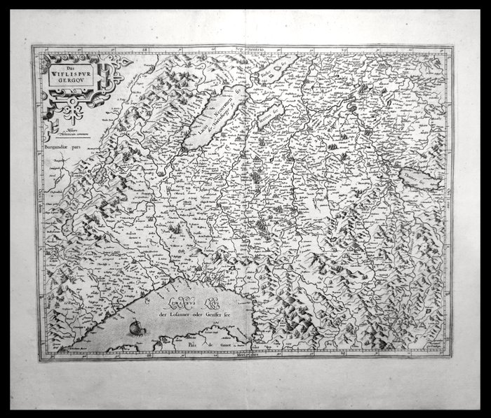 Europa - Kort / Schweiz / Italien / Frankrig / Genève / Bern / Lausanne / Neuchâtel / Montreux / Fribourg /; Gerardus Mercator / Jodocus Hondius - Das Wiflispurgergow - 1581-1600