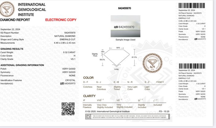 1 pcs Diamant  (Natur)  - 0.32 ct - Smaragd - H - VS1 - International Gemological Institute (IGI)