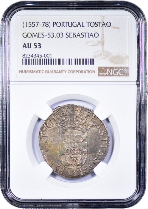 Portugal. D. Sebastião I (1557-1578). Tostão (100 Reais) - NGC - AU 53 - Rara