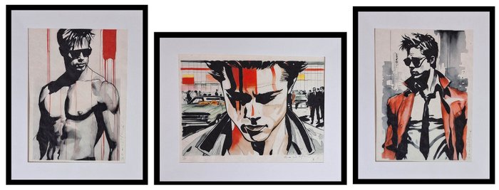 Brad Pitt in Fight Club - Triptychon - watercolor edition on handmade Kahari Paper by Emma Wildfang