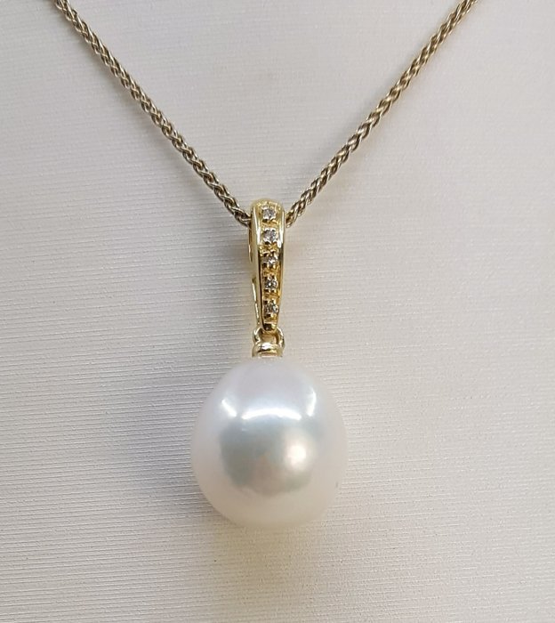 Halskæde med vedhæng - 14 karat Gulguld -  0.04ct. tw. - 11x12mm Edison Pearl