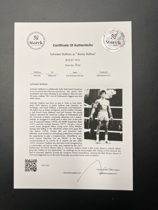 Rocky (1976) - Sylvester Stallone as " Rocky Balboa" - Fine Art Photography - Luxury Wooden Framed 70X50 cm - Limited Edition Nr 05 of 50 - Serial ID 17055 - Original Certificate (COA), Hologram Logo Editor and QR Code - 100% New items.