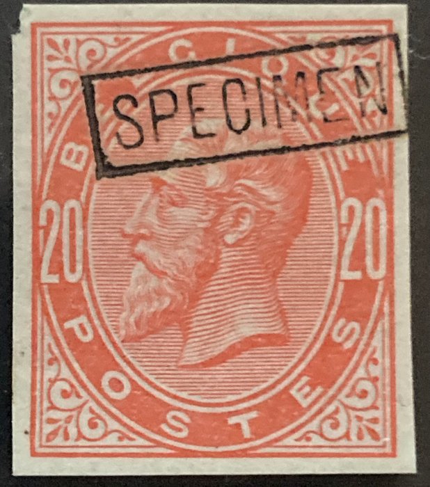 Belgien 1883 - Leopold I - Type OBP 38/41 - '20c Vermilion' - Farveprøve af pladen med 'SPECIMEN' - Stes