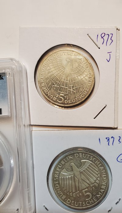 Tyskland. Lot of 4 silver coins, including: 1/2 Mark 1918-D (ACCA) / 10 Mark 1995-D (PCGS) / 5 Mark 1973 J/G  (Ingen mindstepris)