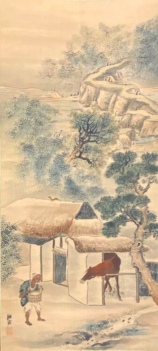 A groom and horse in the mountains and a lovely weasel - Signed 'Shain' 謝寅 - Japan - Midten af Edo-perioden  (Ingen mindstepris)