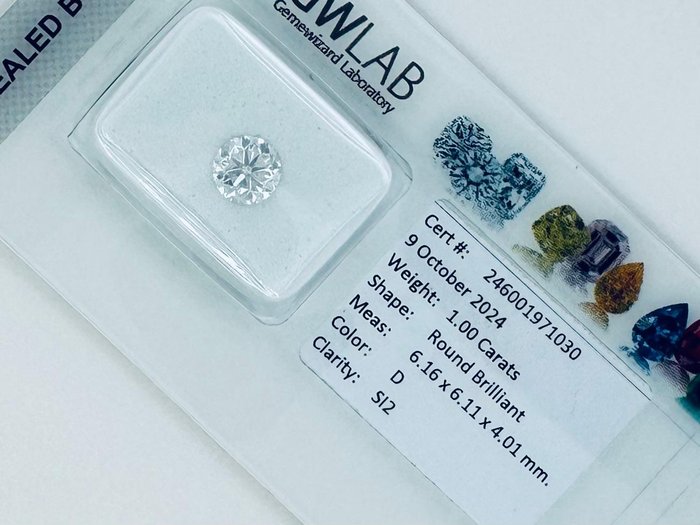 Ingen mindstepris - 1 pcs Diamant  (Natur)  - 1.00 ct - Rund - D (farveløs) - SI2 - Gemewizard Gemological Laboratory (GWLab)