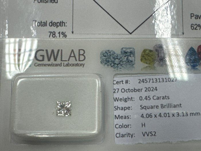 Ingen mindstepris - 1 pcs Diamant  (Natur)  - 0.45 ct - Kvadrat - H - VVS2 - Gemewizard Gemological Laboratory (GWLab)