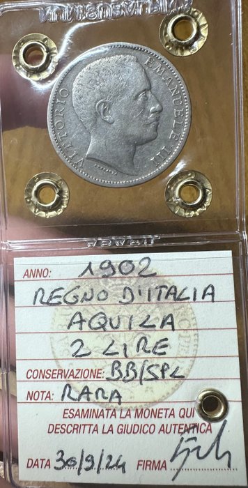 Italien, Kongeriget Italien. Vittorio Emanuele III di Savoia (1900-1946). 2 Lire 1902 “ Aquila Araldica “