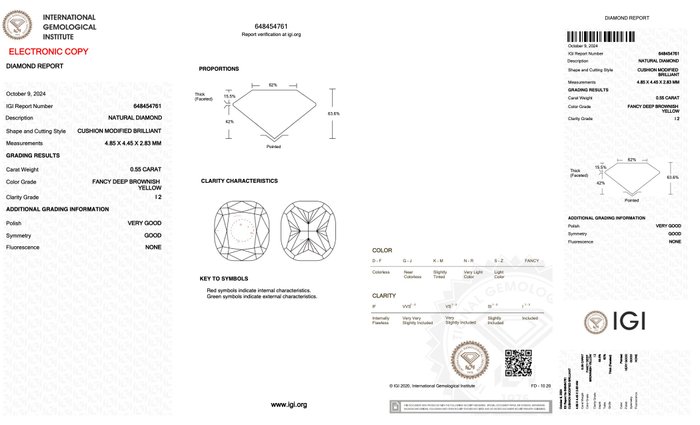 Ingen mindstepris - 1 pcs Diamant  (Naturfarvet)  - 0.55 ct - Pude - Fancy deep Brunlig Gul - I2 - International Gemological Institute (IGI)