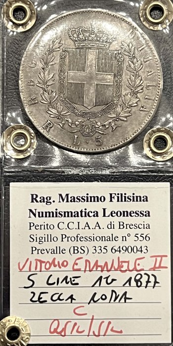 Italien, Kongerig Vittorio Emanuele II. 5 Lire 1877 Roma  (Ingen mindstepris)