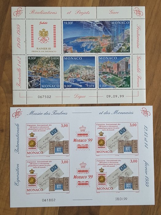 Monaco 1999/2002 - 4 hele år med aktuelle frimærker med souvenirark 81, 85 og 88 - Yvert 2186 à 2381 sans les timbres non émis et BF 81, 85 et 88