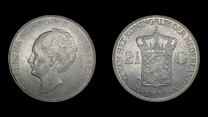 Holland. Wilhelmina. 2 1/2 Gulden 1932+1932 (Grof Haar)  (Ingen mindstepris)