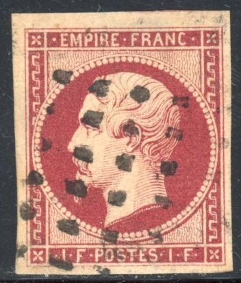 Frankrig 1853 - 1F karmin - VG margineret - Signerede kalve - Bedømmelse: €3.400 - Yvert 18