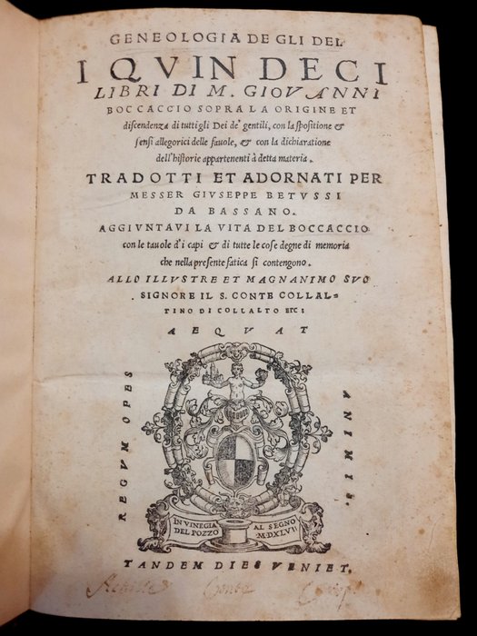 Boccaccio, Giovanni - Genealogia de gli Dei - I Quin deci libri di M. Giovanni Boccaccio - 1547