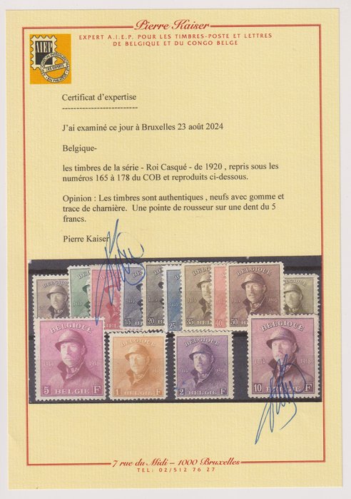 Belgien 1919/1919 - Meget smukt parti hængslet "Hjelmed King" med certifikat - COB 165/178