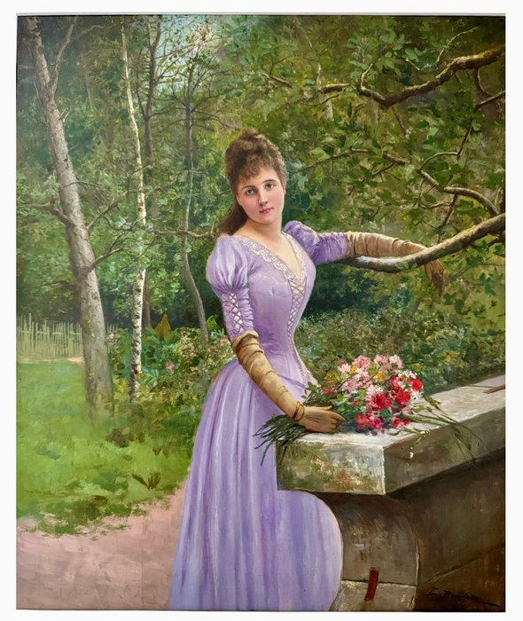 XIX - French late romantic school - A full length portrait of a beautiful young lady holding flowers within a sylvan setting