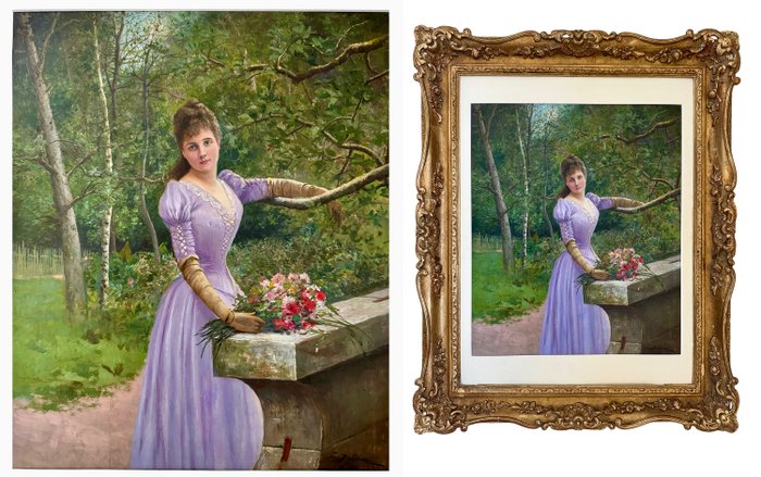 XIX - French late romantic school - A full length portrait of a beautiful young lady holding flowers within a sylvan setting