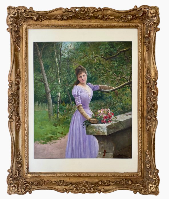 XIX - French late romantic school - A full length portrait of a beautiful young lady holding flowers within a sylvan setting