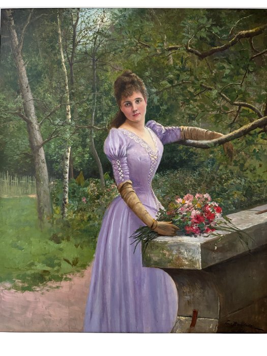 XIX - French late romantic school - A full length portrait of a beautiful young lady holding flowers within a sylvan setting