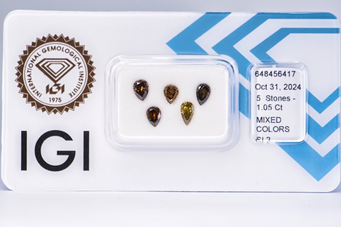 Ingen mindstepris - 5 pcs Diamant  (Naturfarvet)  - 1.05 ct - Pære - Fancy dark, Fancy deep Blandet gul - SI2 - International Gemological Institute (IGI)