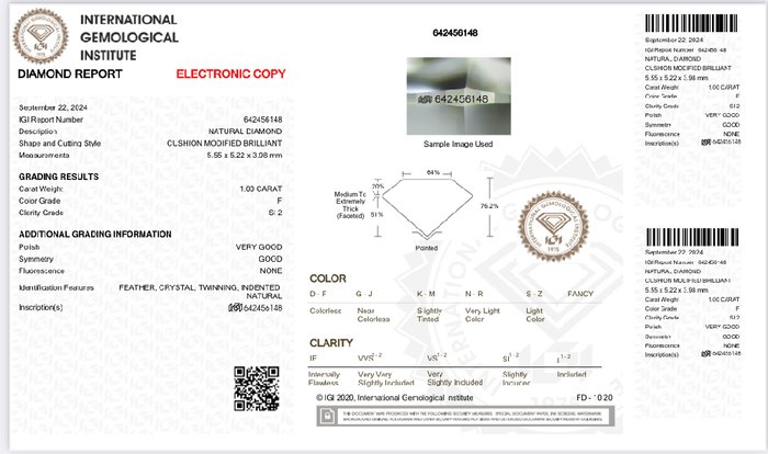 1 pcs Diamant  (Natur)  - 1.00 ct - Pude - F - SI2 - International Gemological Institute (IGI)