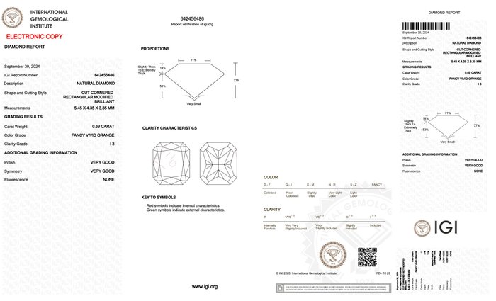 Ingen mindstepris - 1 pcs Diamant  (Naturfarvet)  - 0.69 ct - Radiant - Fancy vivid Orange - I3 - International Gemological Institute (IGI)