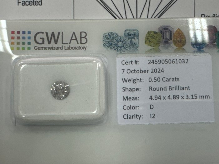 Ingen mindstepris - 1 pcs Diamant  (Natur)  - 0.50 ct - Rund - D (farveløs) - I2 - Gemewizard Gemological Laboratory (GWLab)