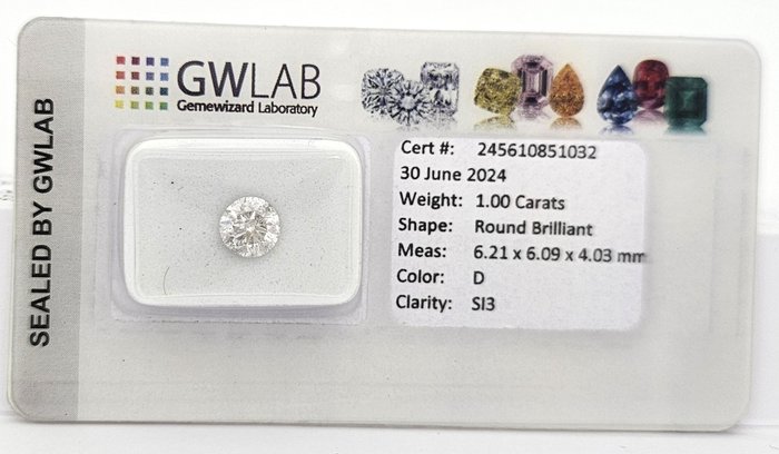 1 pcs Diamant  (Natur)  - 1.00 ct - Rund - D (farveløs) - SI3 - Gemewizard Gemological Laboratory (GWLab)