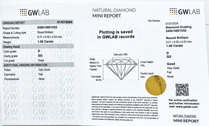 1 pcs Diamant  (Natur)  - 1.00 ct - Rund - D (farveløs) - SI3 - Gemewizard Gemological Laboratory (GWLab)