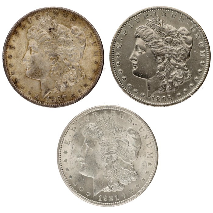 Förenta staterna. 1 Dollar 1887/1921 - "Morgan Dollar" (3 stuks)  (Ingen mindstepris)