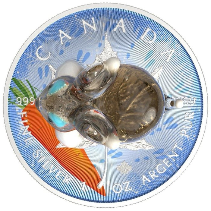 Canada. 5 Dollars 2022 Maple Leaf - Murano glass Series - Rabbit, 1 Oz (.999)