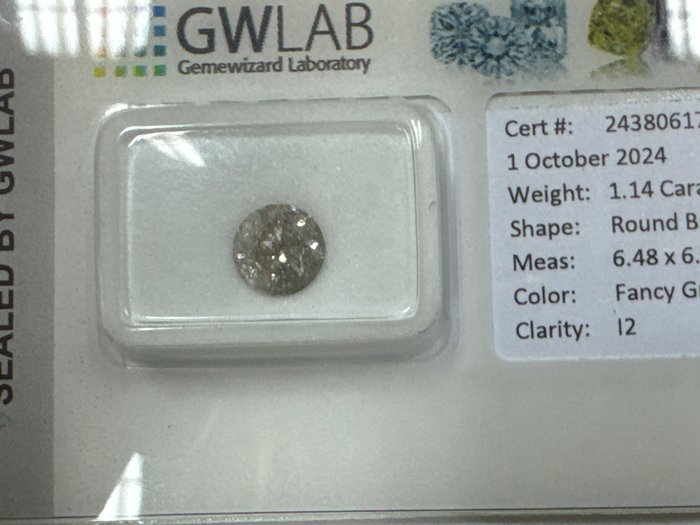 Ingen mindstepris - 1 pcs Diamant  (Naturfarvet)  - 1.14 ct - Rund - Fancy Grå - I2 - Gemewizard Gemological Laboratory (GWLab)