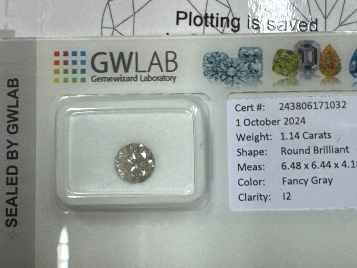 Ingen mindstepris - 1 pcs Diamant  (Naturfarvet)  - 1.14 ct - Rund - Fancy Grå - I2 - Gemewizard Gemological Laboratory (GWLab)