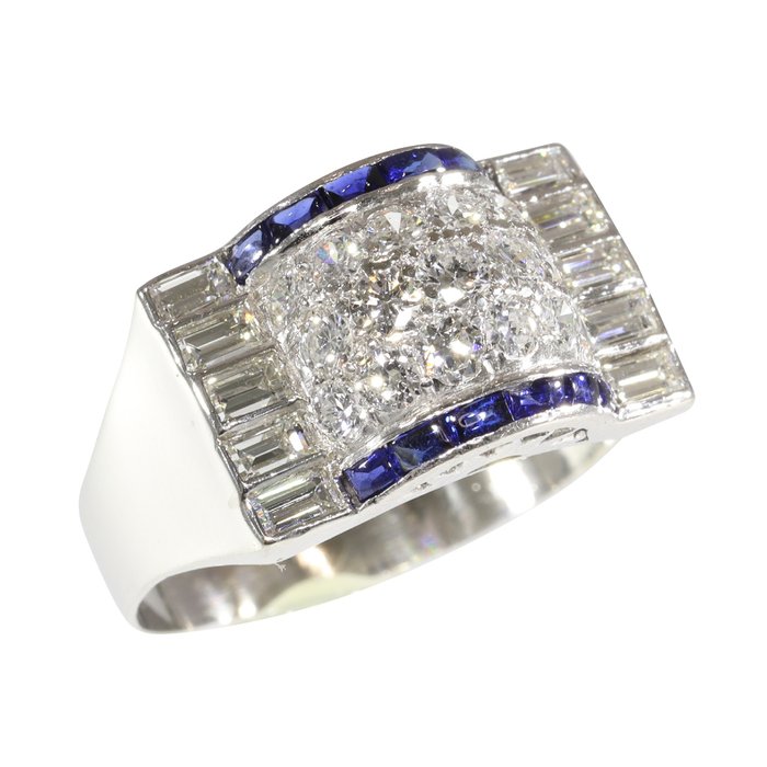 Ingen mindstepris - Ring Platin -  1.60ct. tw. Diamant (Natur)  - Safir - Vintage art deco fra 1950'erne