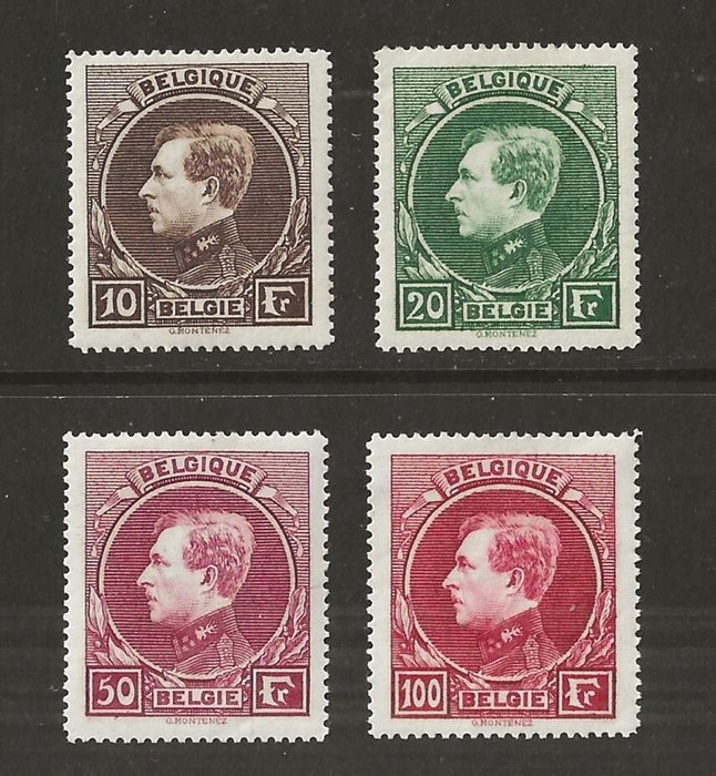 Belgien 1929 - Albert I type Montenez - 10F 20F 50F og 100F parisisk tryk (t14½) - OBP/COB 289/292