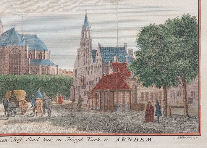 Holland - Arnhem; Isaak Tirion - De groote Markt, het Princen Hof, Stad huis en Hoofd Kerk te Arnhem - 1750