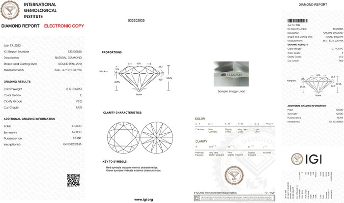 1 pcs Diamant  (Natur)  - 0.17 ct - Rund - E - VS2 - International Gemological Institute (IGI)