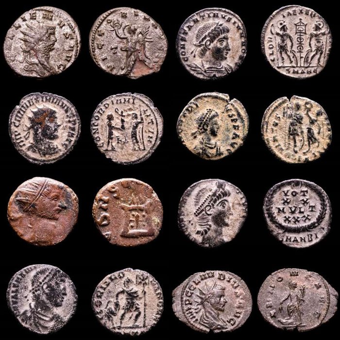 Romarriket. Lot comprising eight (8) AE coins:  Antoninianus, Follis, Maiorinas. Antoninianus, Follis, Maiorinas. Gallienus, Constantine II, Maximinus, Arcadius, Claudius II (2), Constantius II  Valentinianus  (Ingen mindstepris)