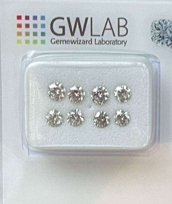 Ingen mindstepris - 8 pcs Diamant  (Natur)  - 1.08 ct - Rund - SI1, VS2 - Gemewizard Gemological Laboratory (GWLab) - lysegrå