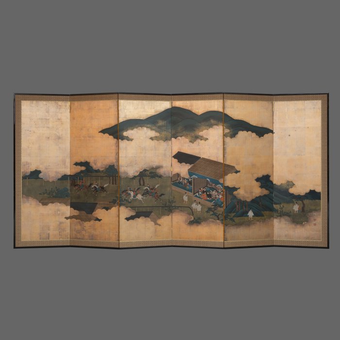 Byôbu 屏風 (foldeskærm) - Papir, lakeret træ, bladguldsølv - Tosa Mitsuzane 土佐光孚 - Japan - Meiji-perioden (1868-1912)