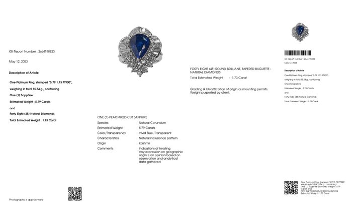 Cocktailring Platin -  7.52ct. tw. Safir - Diamant - KASHMIR VIVID BLÅ