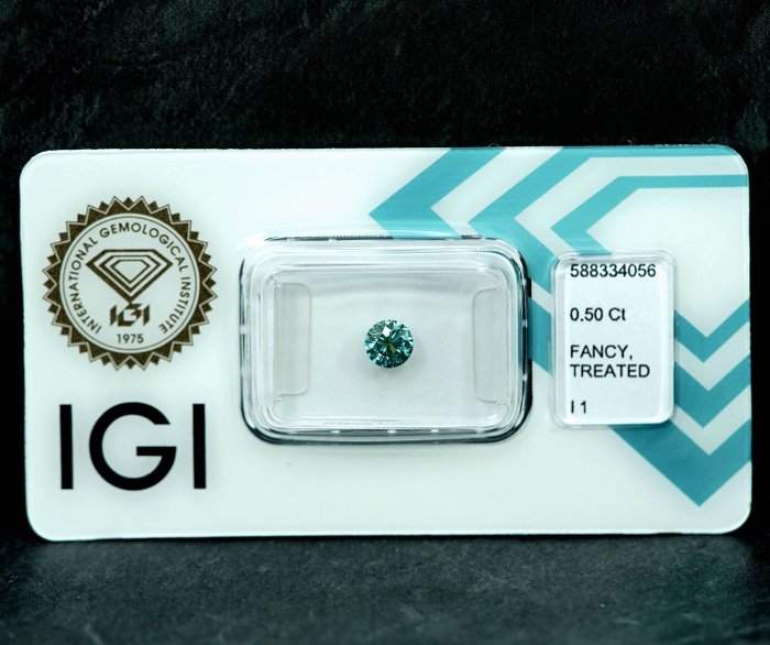 1 pcs Diamant  (Farvebehandlet)  - 0.50 ct - Fancy Grønlig Blå - I1 - International Gemological Institute (IGI)