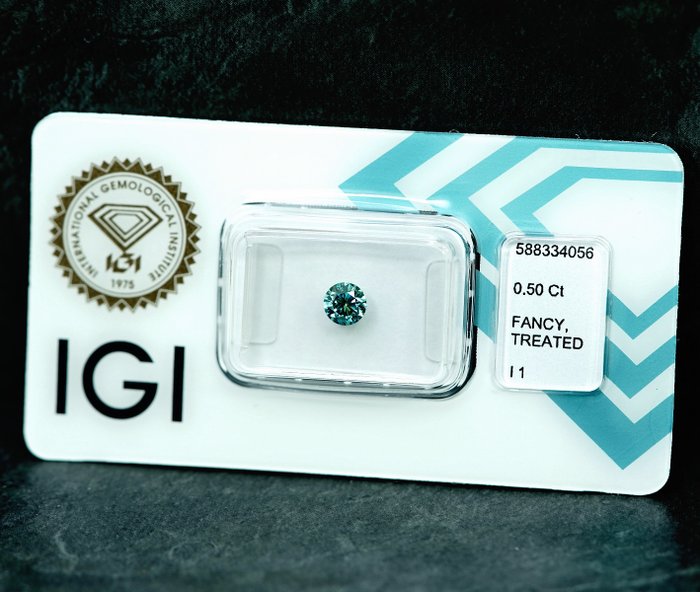 1 pcs Diamant  (Farvebehandlet)  - 0.50 ct - Fancy Grønlig Blå - I1 - International Gemological Institute (IGI)