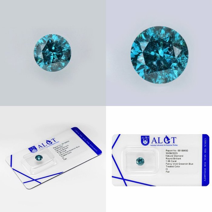 Diamant - 106 ct - Rund - Fancy Vivid Greenish Blue - I3 (piqué)