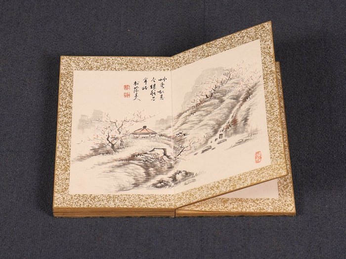 Very fine folding album (ori-gajo) "Landscapes ", signed - including inscribed tomobako - Tanaka Hakuin (1866-1934) - Japan