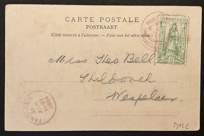 Belgien 1909 - Postkort med segl "Ursulines Thildonck" - stemplet FANCY-FAIR