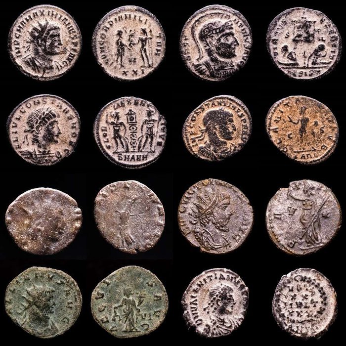 Romarriket. Lot comprising eight (8) AE coins:  Antoninianus, Follis, Maiorinas. Antoninianus, Follis, Maiorinas. Maximianus, Constantine I (2), Claudius II, Victorinus, Gallienus, Constans  Valentinianus I  (Ingen mindstepris)