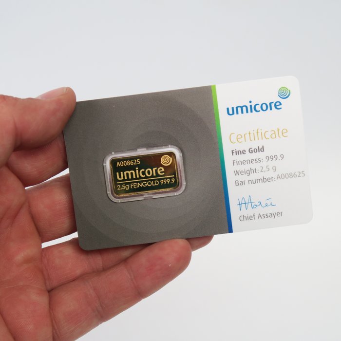 2,5 gram - Guld 999 - Umicore, Belgium - Forseglet  Med certifikat